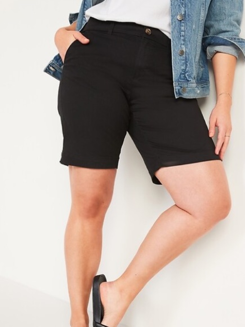 Black Mid-Rise Twill Everyday Bermuda Shorts with 9-inch inseam, Size 20